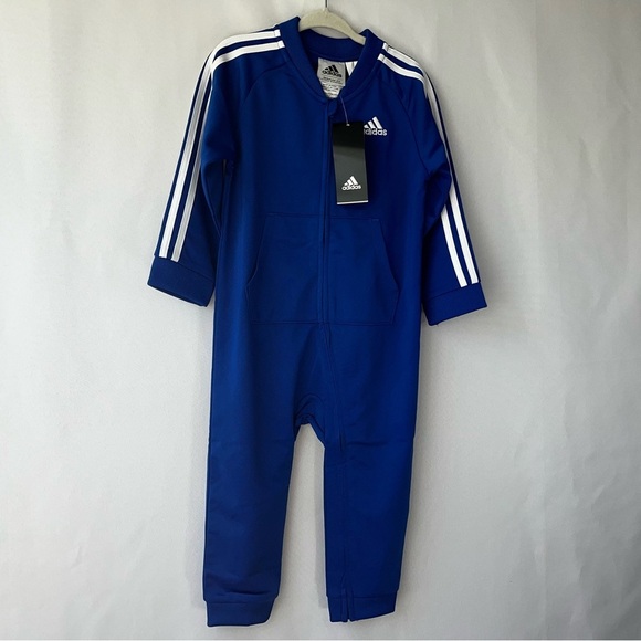 NWT Adidas Toddler Boy 24M Bright Blue Full Body Track Suit White Stripes Retro - Picture 3 of 11